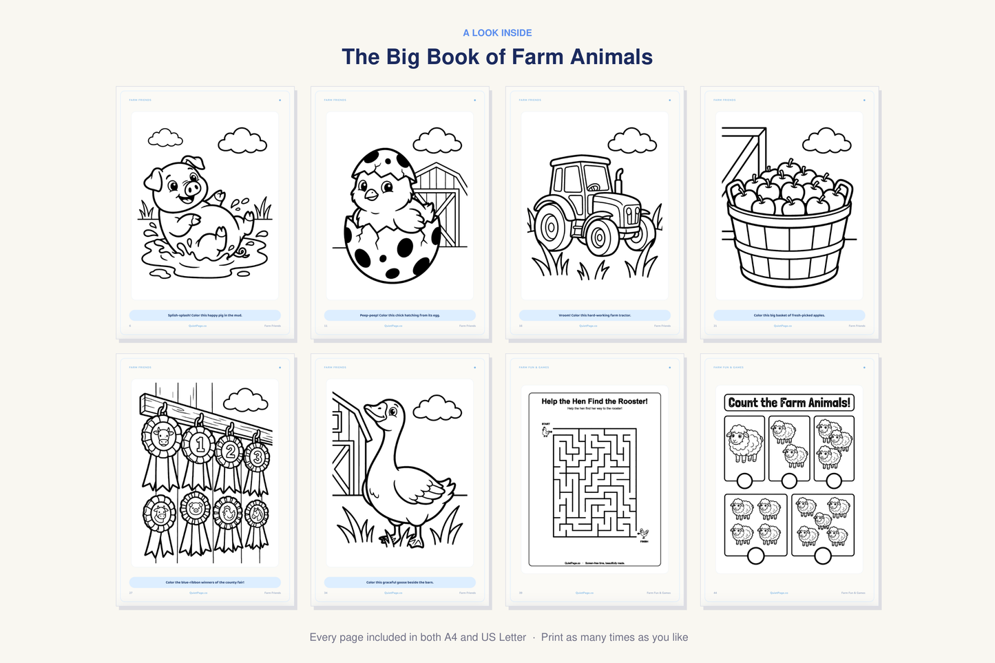A look inside The Big Book of Farm Animals — real sample pages from the printable coloring book