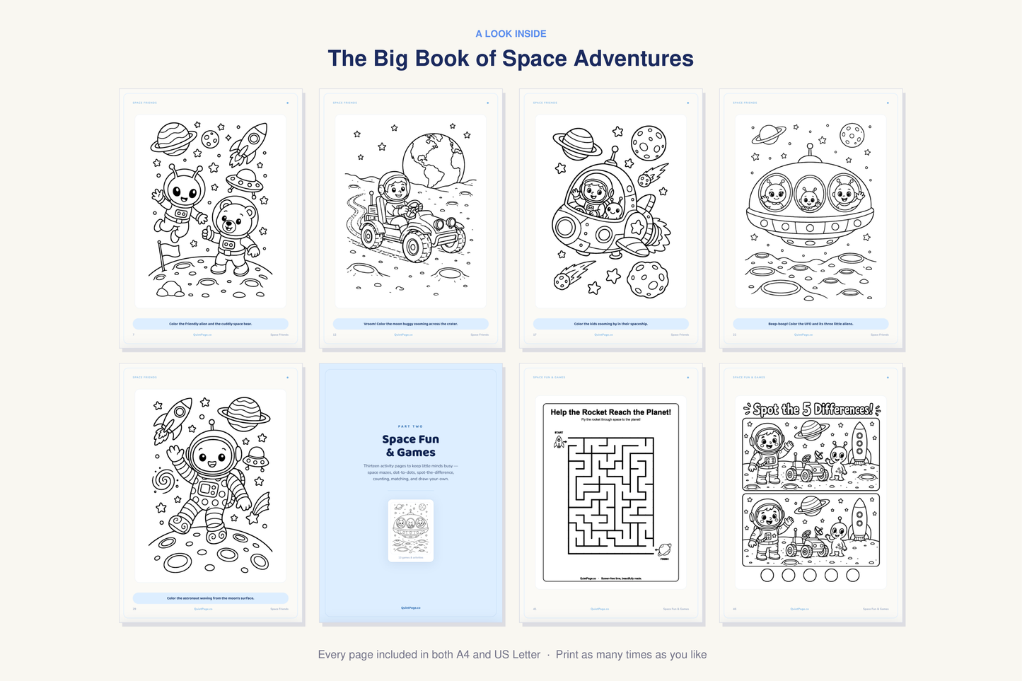 A look inside The Big Book of Space Adventures — real sample pages from the printable coloring book