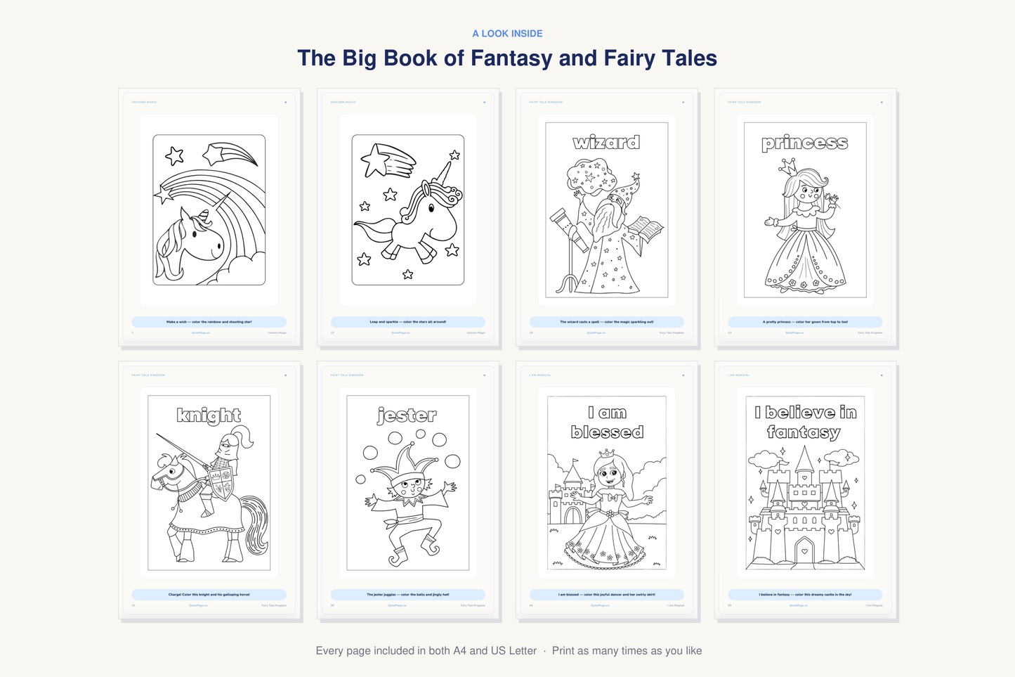 A look inside The Big Book of Fantasy and Fairy Tales — real sample pages from the printable coloring book