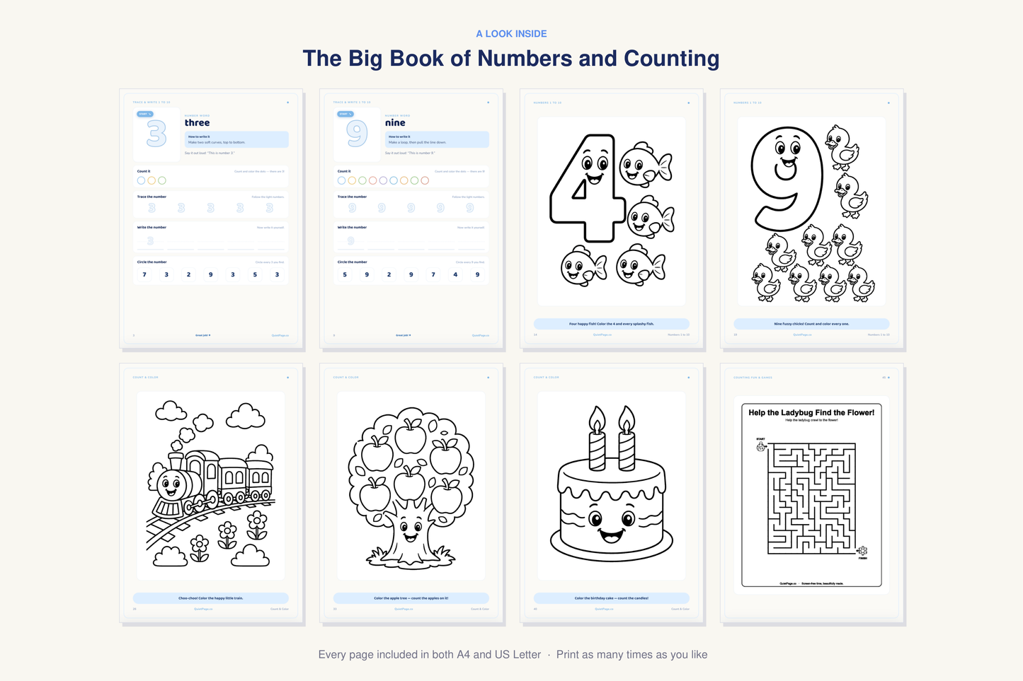 A look inside The Big Book of Numbers and Counting — real sample pages from the printable workbook