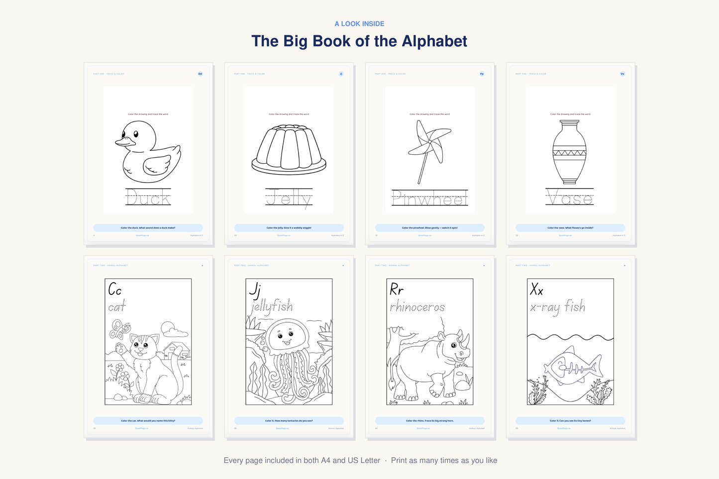 A look inside The Big Book of the Alphabet — real sample pages from the printable coloring book