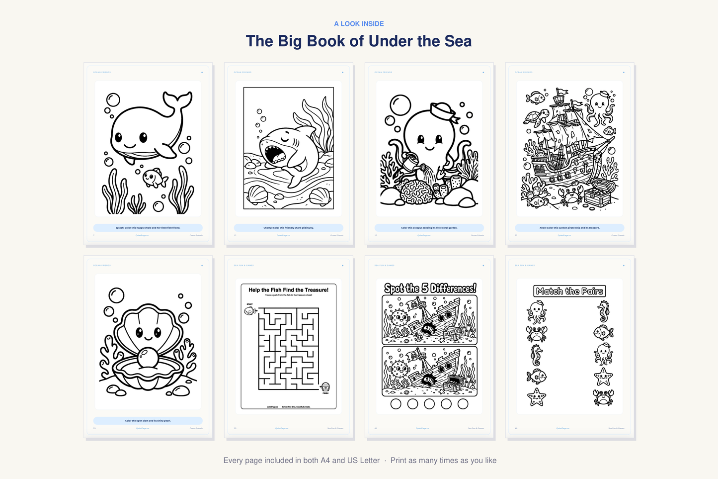 A look inside The Big Book of Under the Sea — real sample pages from the printable coloring book