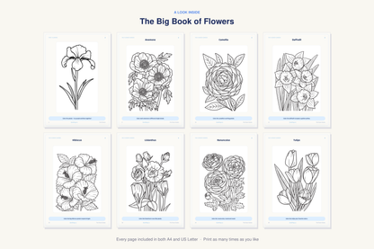 A look inside The Big Book of Flowers — real sample pages from the printable coloring book
