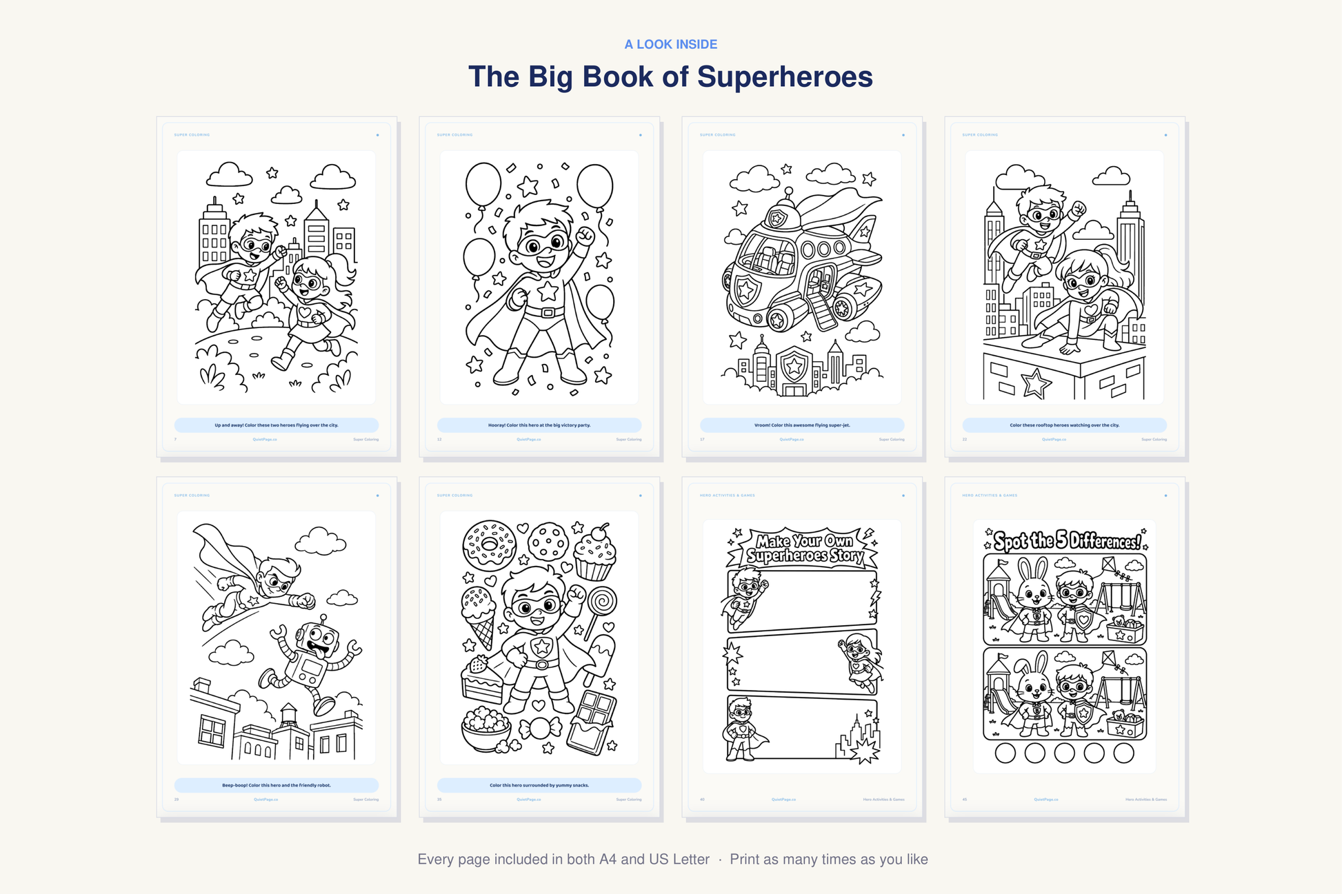 A look inside The Big Book of Superheroes — real sample pages from the printable coloring book