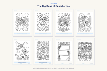 A look inside The Big Book of Superheroes — real sample pages from the printable coloring book