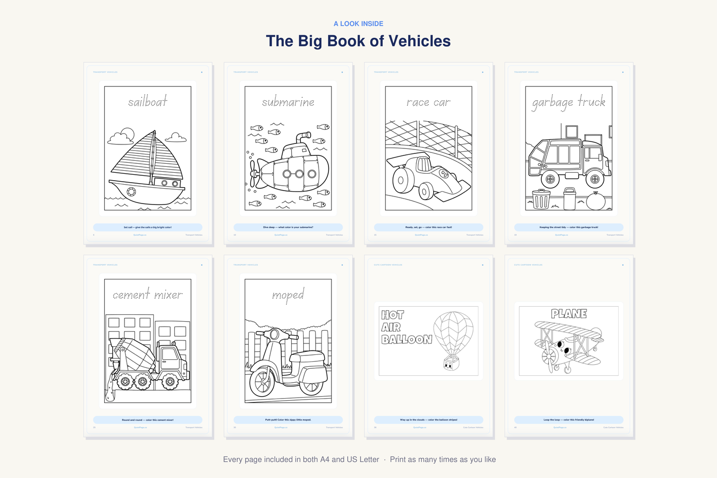 A look inside The Big Book of Vehicles — real sample pages from the printable coloring book