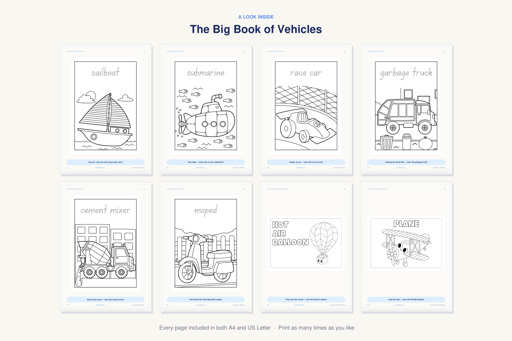 A look inside The Big Book of Vehicles — real sample pages from the printable coloring book