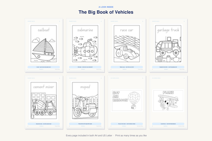 A look inside The Big Book of Vehicles — real sample pages from the printable coloring book