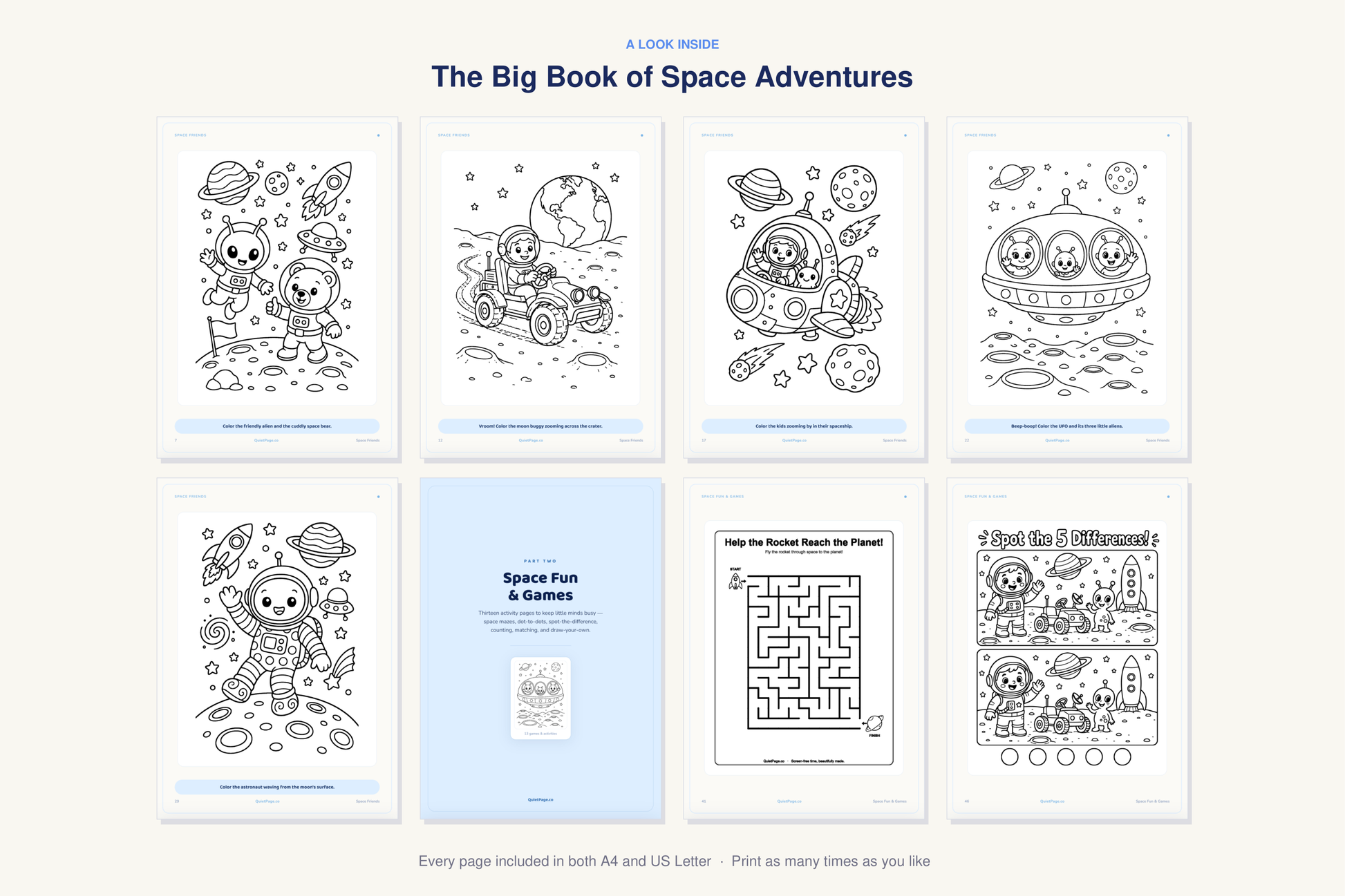 A look inside The Big Book of Space Adventures — real sample pages from the printable coloring book