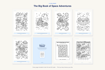 A look inside The Big Book of Space Adventures — real sample pages from the printable coloring book
