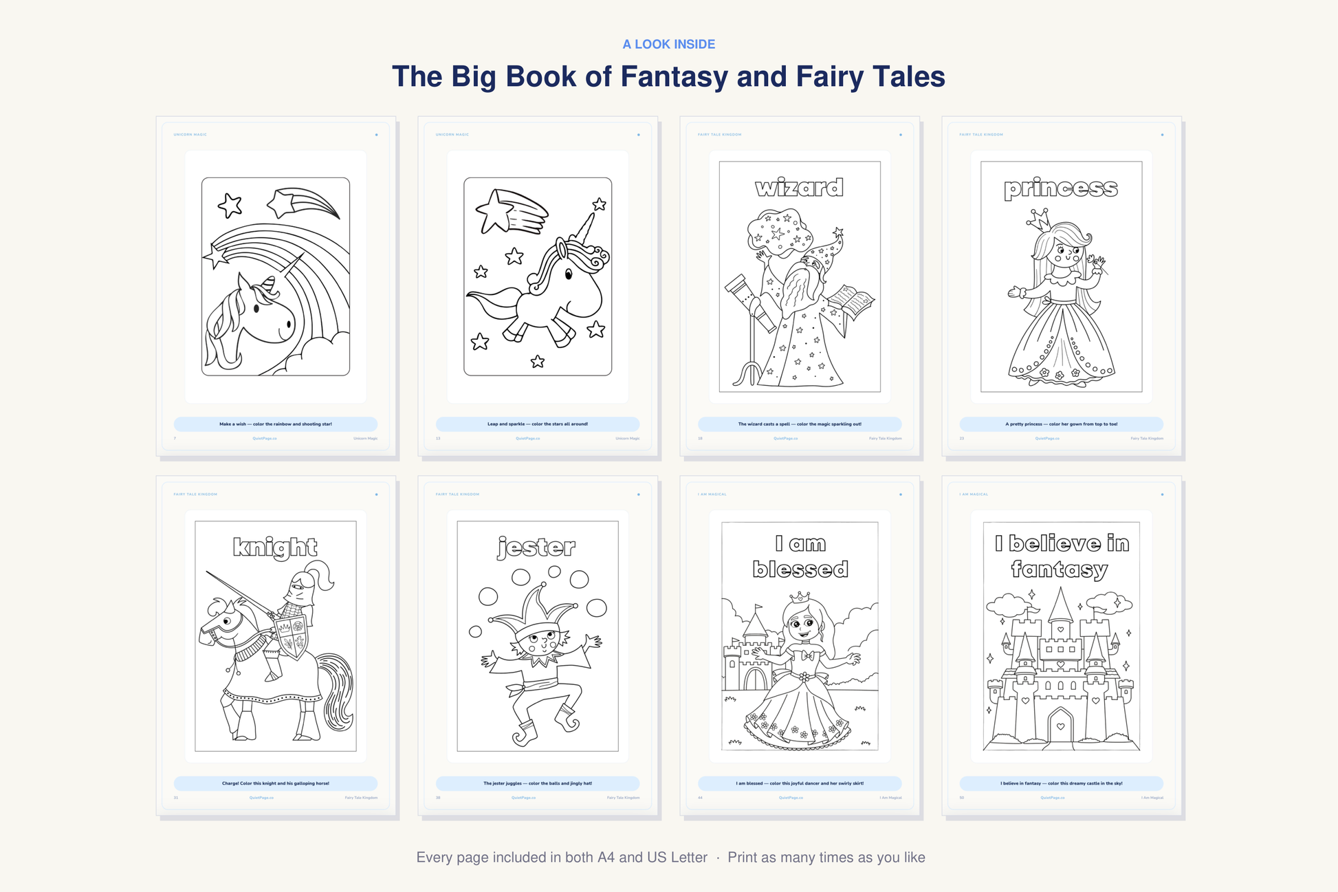 A look inside The Big Book of Fantasy and Fairy Tales — real sample pages from the printable coloring book