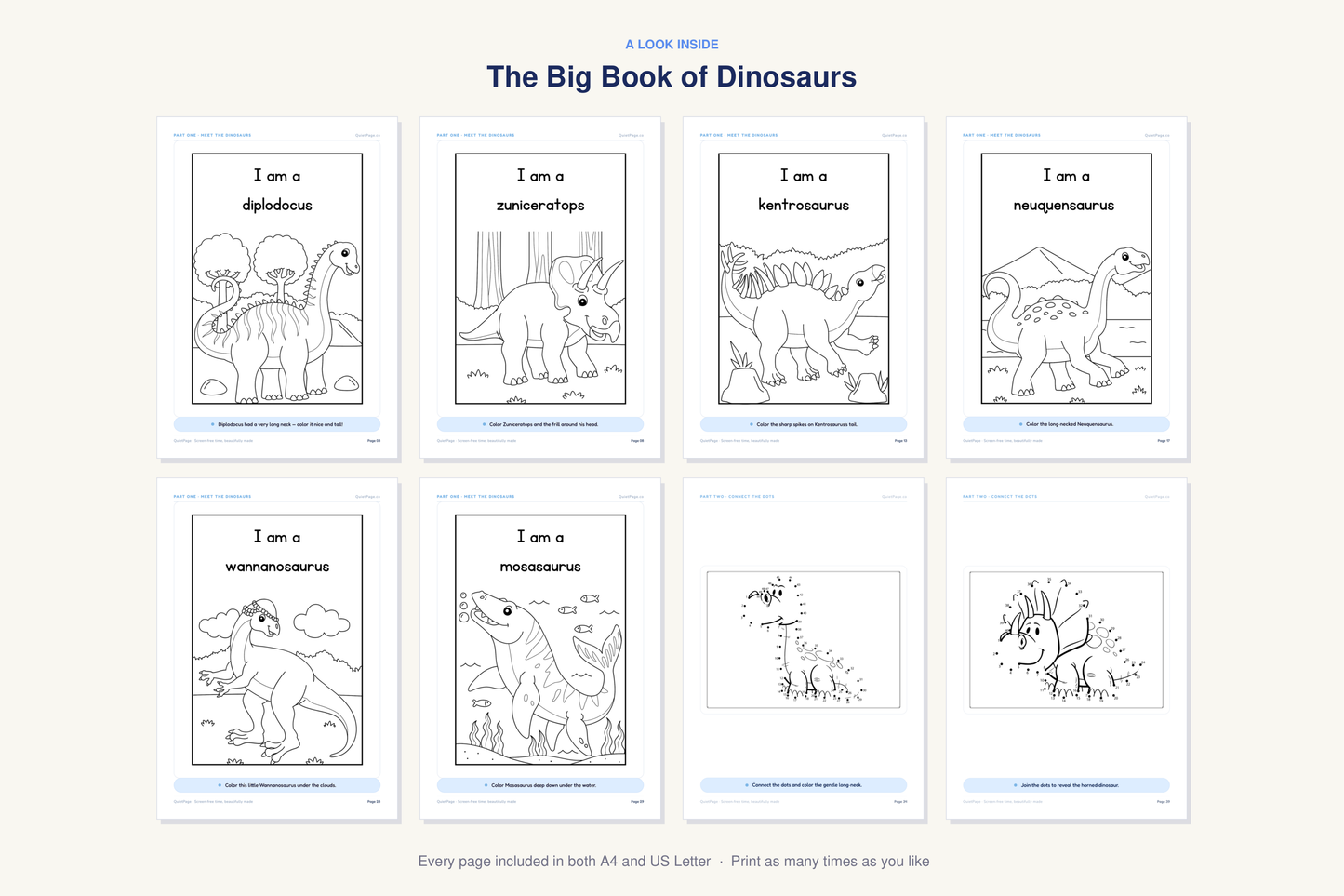 A look inside The Big Book of Dinosaurs — real sample pages from the printable coloring book