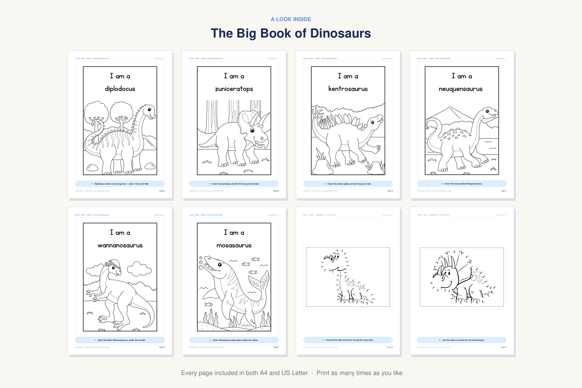 A look inside The Big Book of Dinosaurs — real sample pages from the printable coloring book
