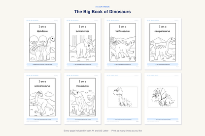 A look inside The Big Book of Dinosaurs — real sample pages from the printable coloring book