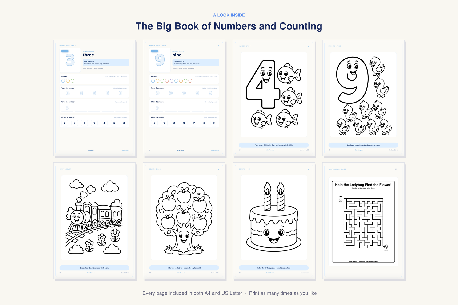 A look inside The Big Book of Numbers and Counting — real sample pages from the printable workbook