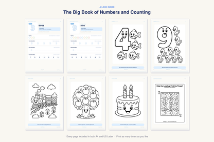 A look inside The Big Book of Numbers and Counting — real sample pages from the printable workbook