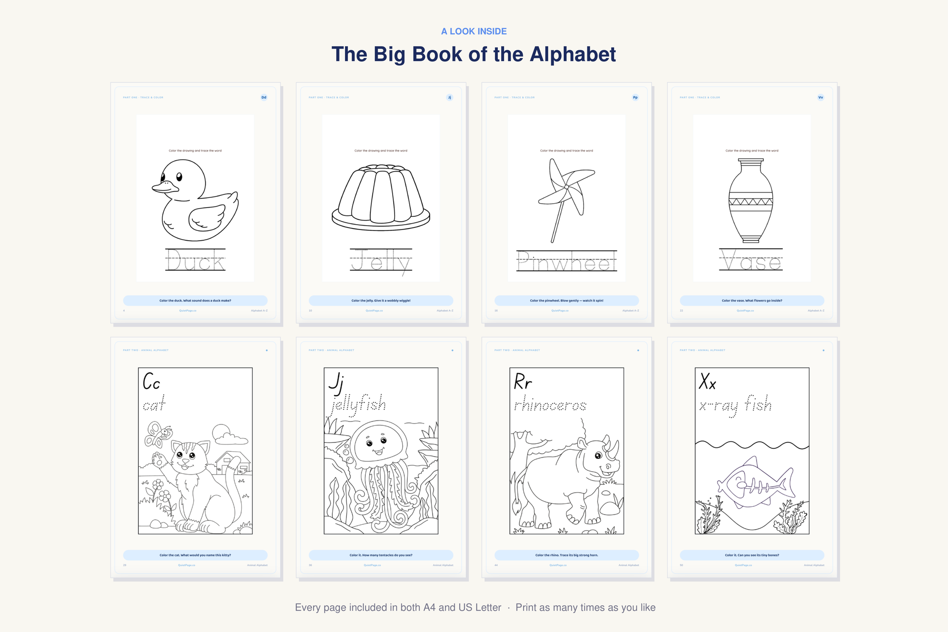 A look inside The Big Book of the Alphabet — real sample pages from the printable coloring book