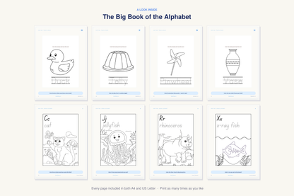 A look inside The Big Book of the Alphabet — real sample pages from the printable coloring book