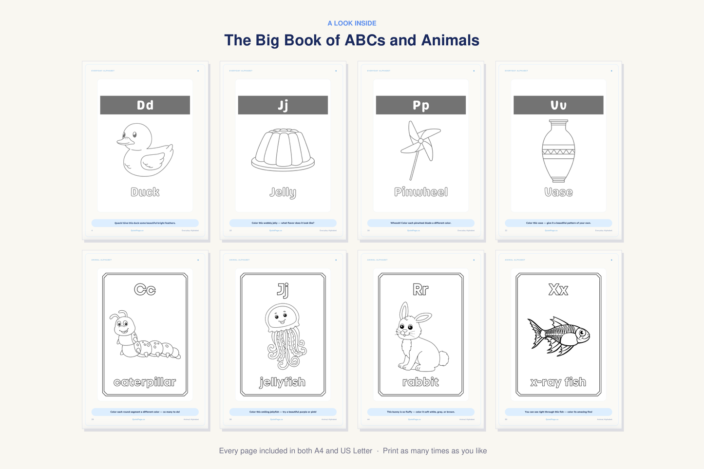 A look inside The Big Book of ABCs and Animals — real sample pages from the printable coloring book