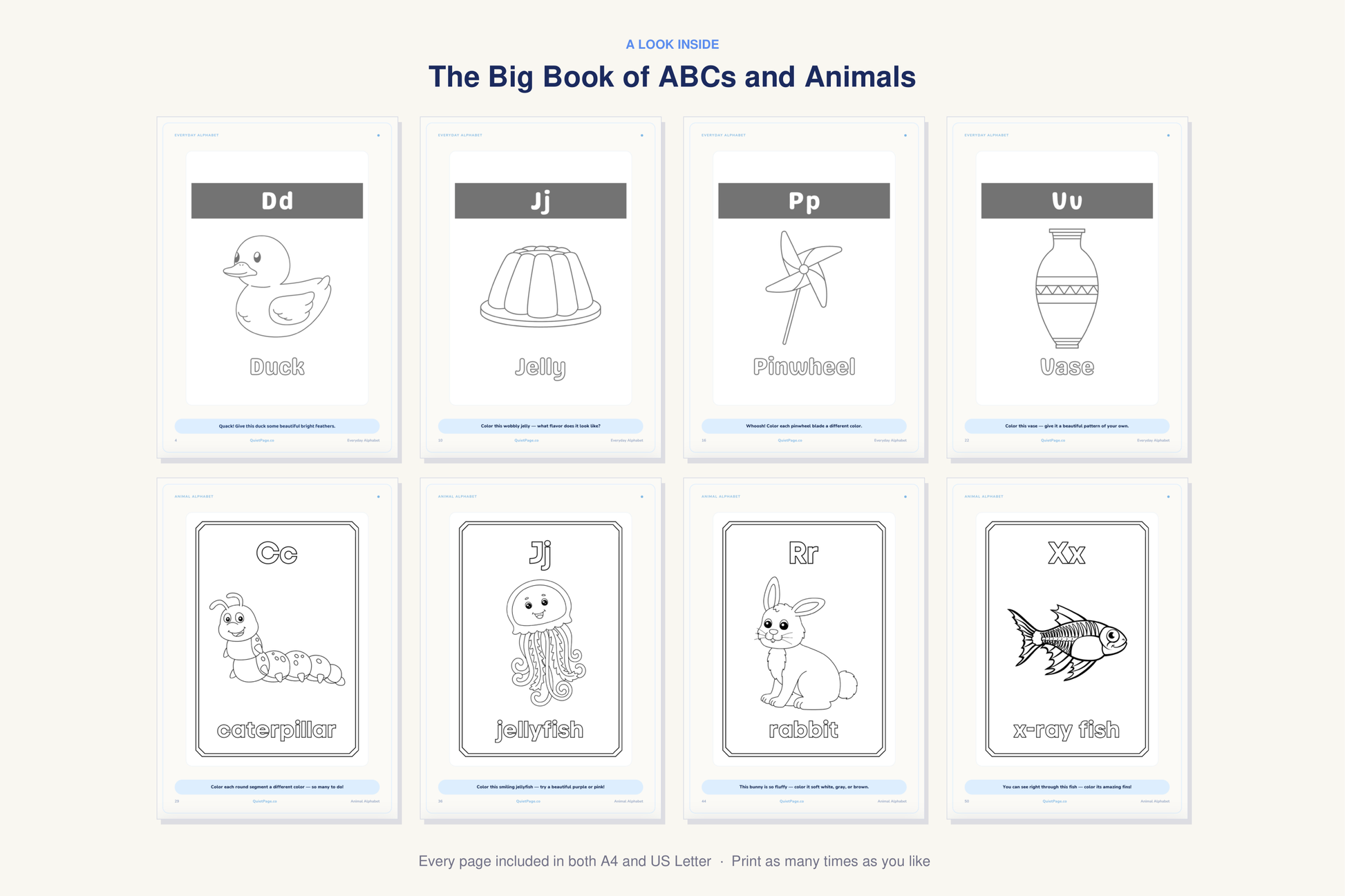 A look inside The Big Book of ABCs and Animals — real sample pages from the printable coloring book