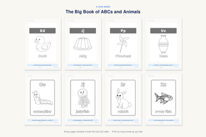 A look inside The Big Book of ABCs and Animals — real sample pages from the printable coloring book