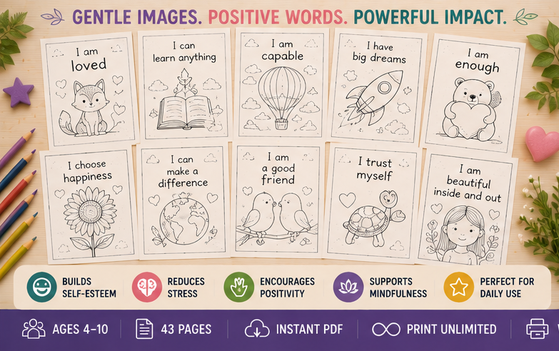 Quiet Page Mindfulness & Affirmations Activity Bundle — 43 Screen-Free Printable Pages