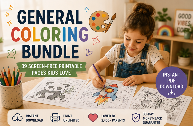 Quiet Page General Coloring Activity Bundle — 39 Screen-Free Printable Pages