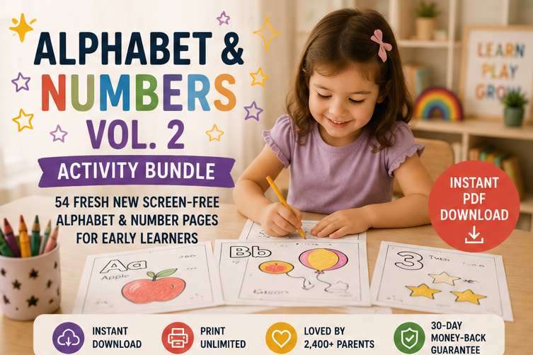 Quiet Page Alphabet & Numbers Vol. 2 Activity Bundle — 54 Screen-Free Printable Pages