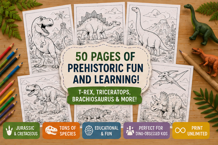 Quiet Page Dinosaurs Activity Bundle — 50 Screen-Free Printable Pages