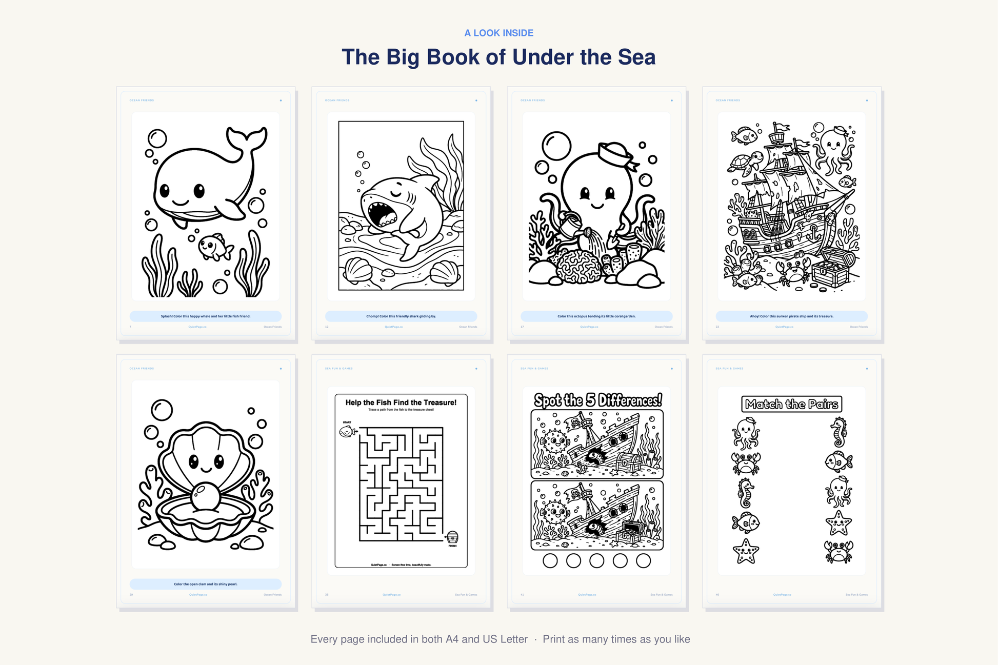 A look inside The Big Book of Under the Sea — real sample pages from the printable coloring book