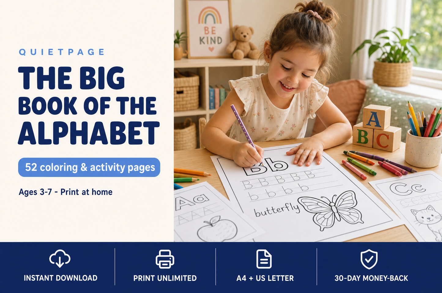 The Big Book of the Alphabet — 52 screen-free printable letter tracing and coloring pages for kids ages 3-7, by QuietPage