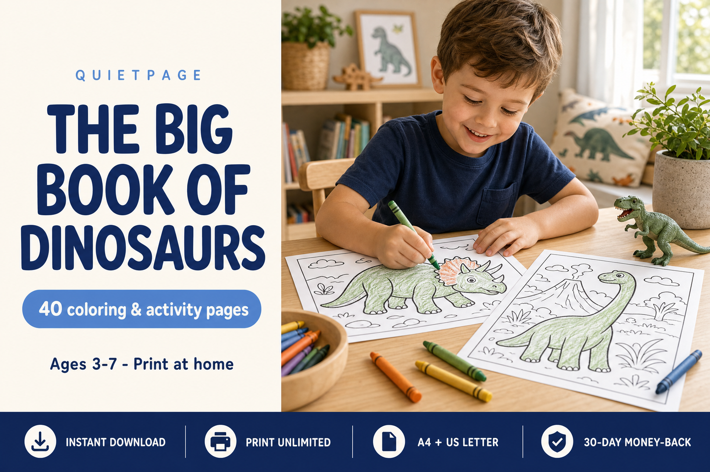 The Big Book of Dinosaurs — 40 screen-free printable coloring and activity pages for kids ages 3-7, by QuietPage
