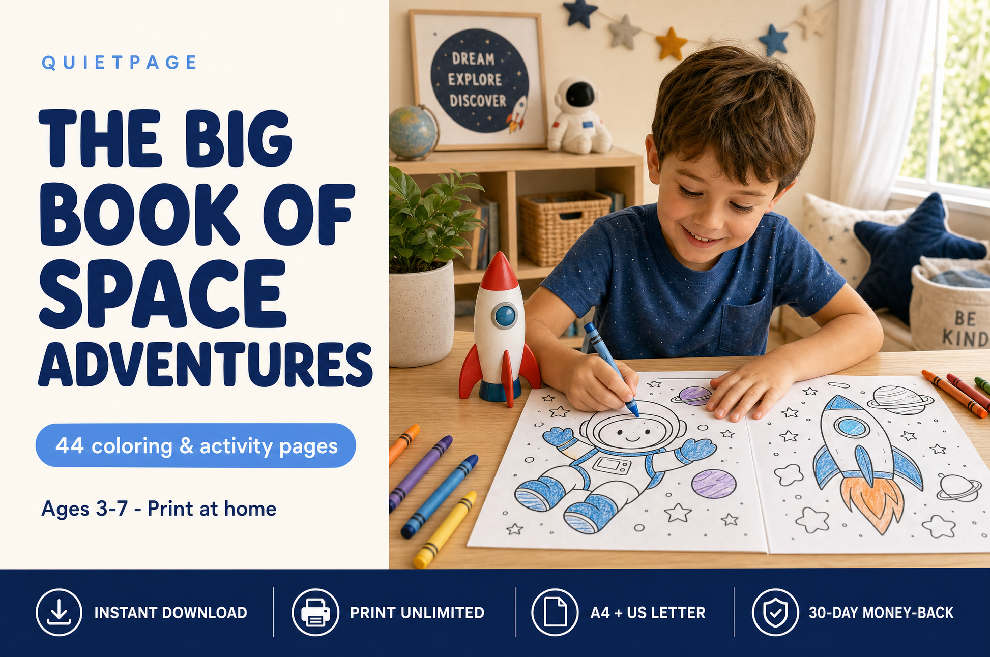 The Big Book of Space Adventures — 44 screen-free printable space coloring and activity pages for kids ages 3-7, by QuietPage