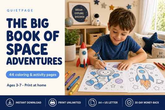 The Big Book of Space Adventures — 44 screen-free printable space coloring and activity pages for kids ages 3-7, by QuietPage