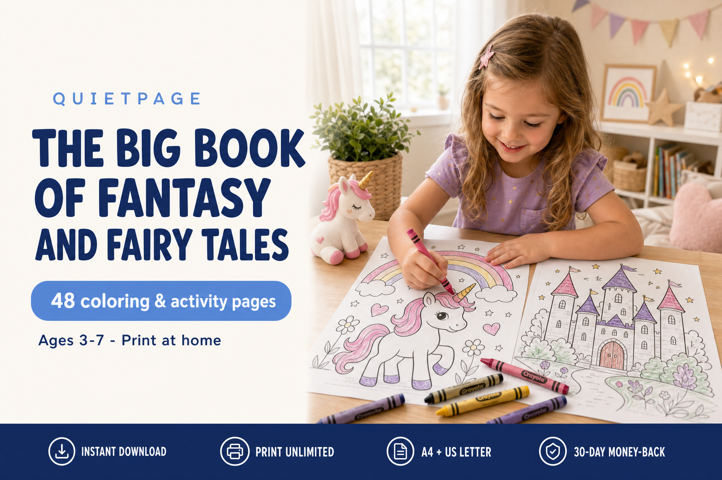 The Big Book of Fantasy and Fairy Tales — 48 screen-free printable unicorn and castle coloring pages for kids ages 3-7, by QuietPage