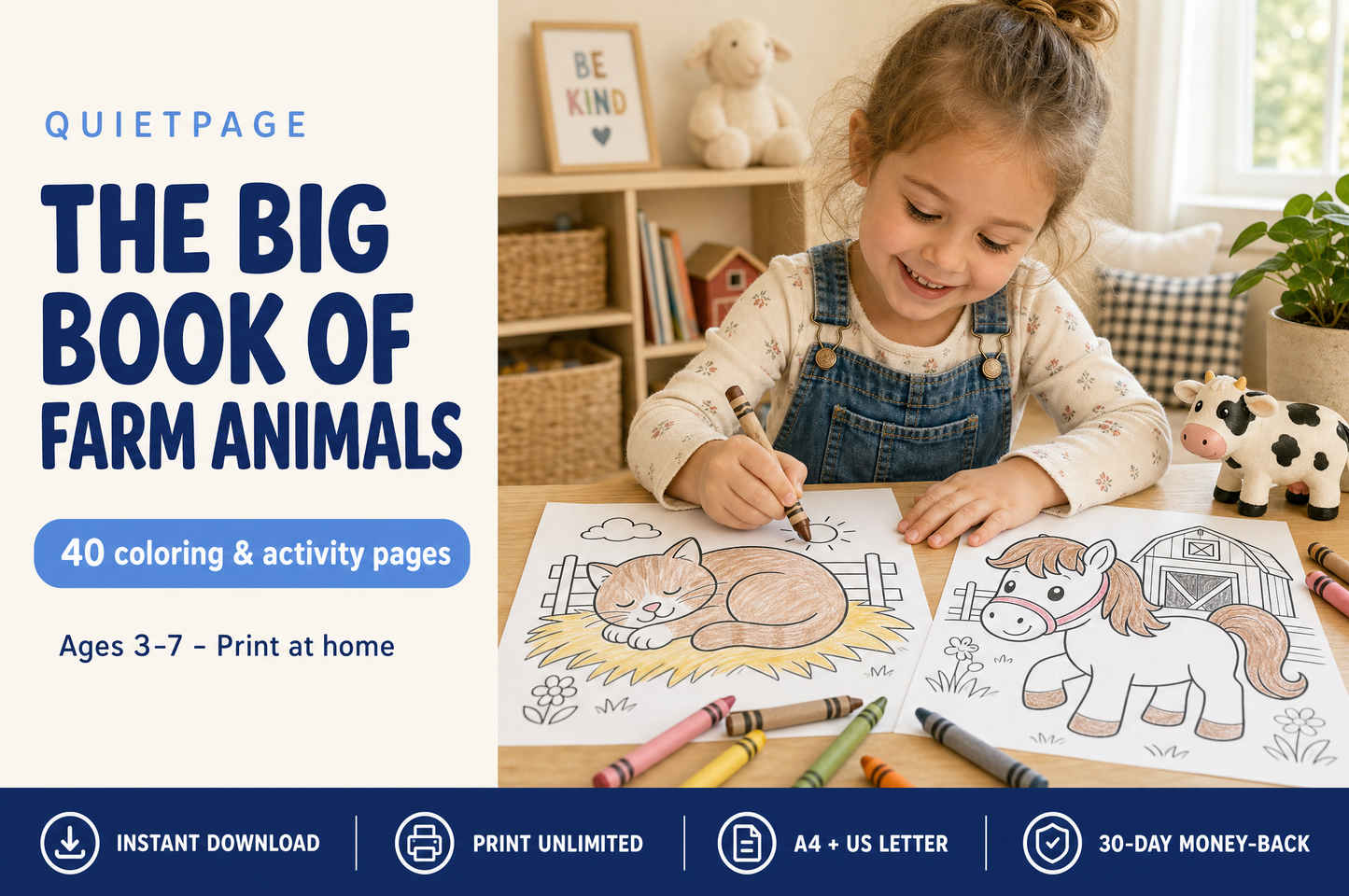 The Big Book of Farm Animals — 40 screen-free printable farm animal coloring pages for kids ages 3-7, by QuietPage