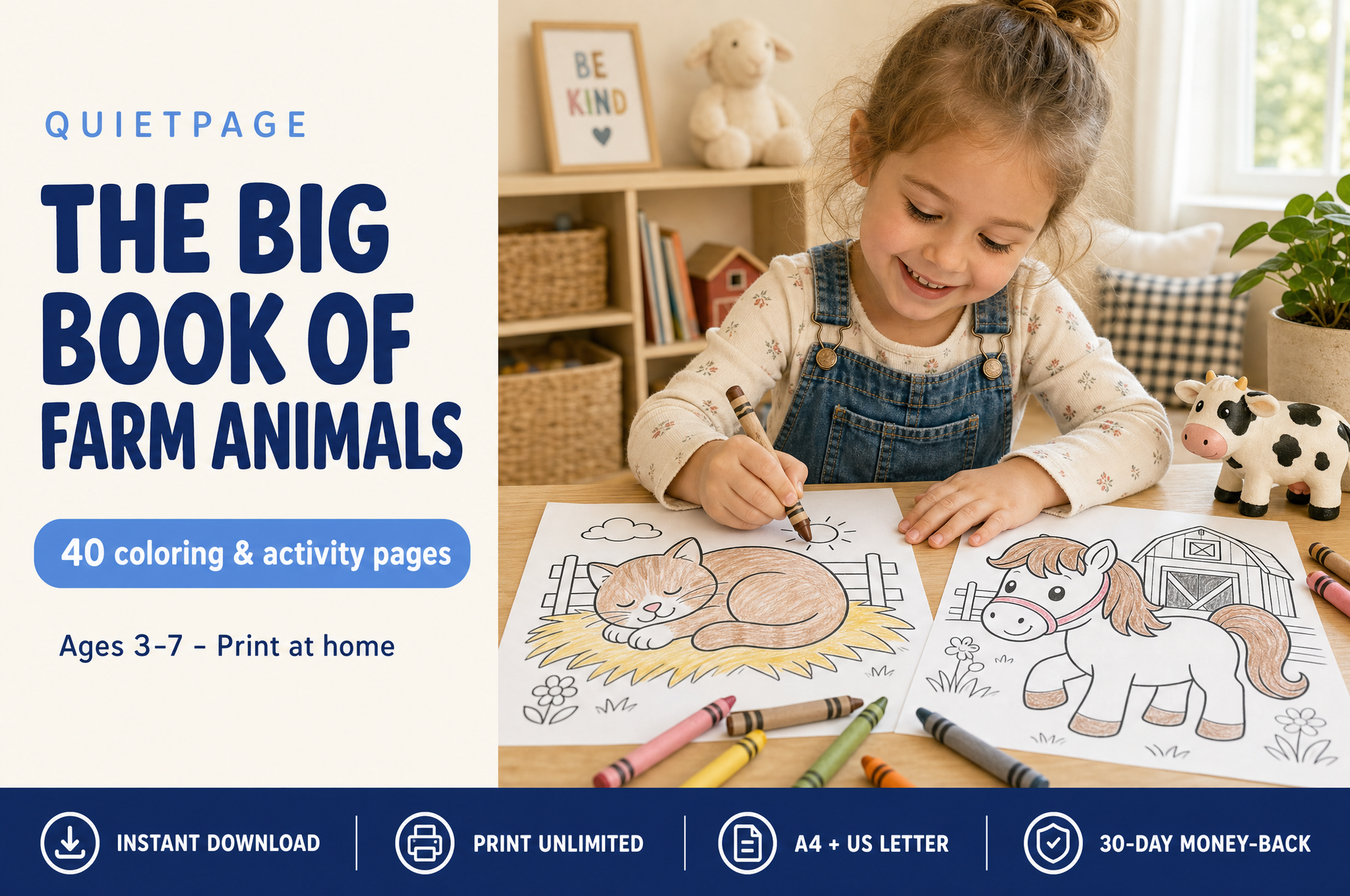 The Big Book of Farm Animals — 40 screen-free printable farm animal coloring pages for kids ages 3-7, by QuietPage