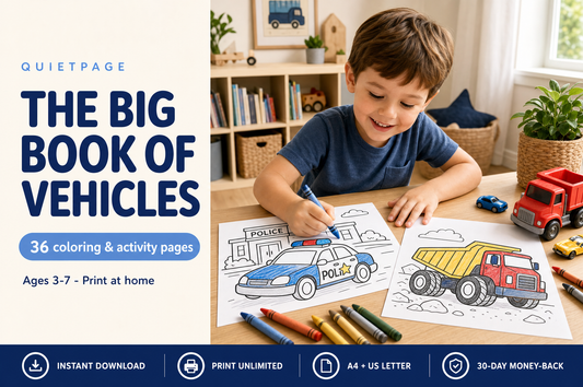 The Big Book of Vehicles — 36 screen-free printable truck and car coloring pages for kids ages 3-7, by QuietPage