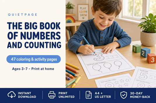 The Big Book of Numbers and Counting — 47 screen-free printable number tracing and counting pages for kids ages 3-7, by QuietPage