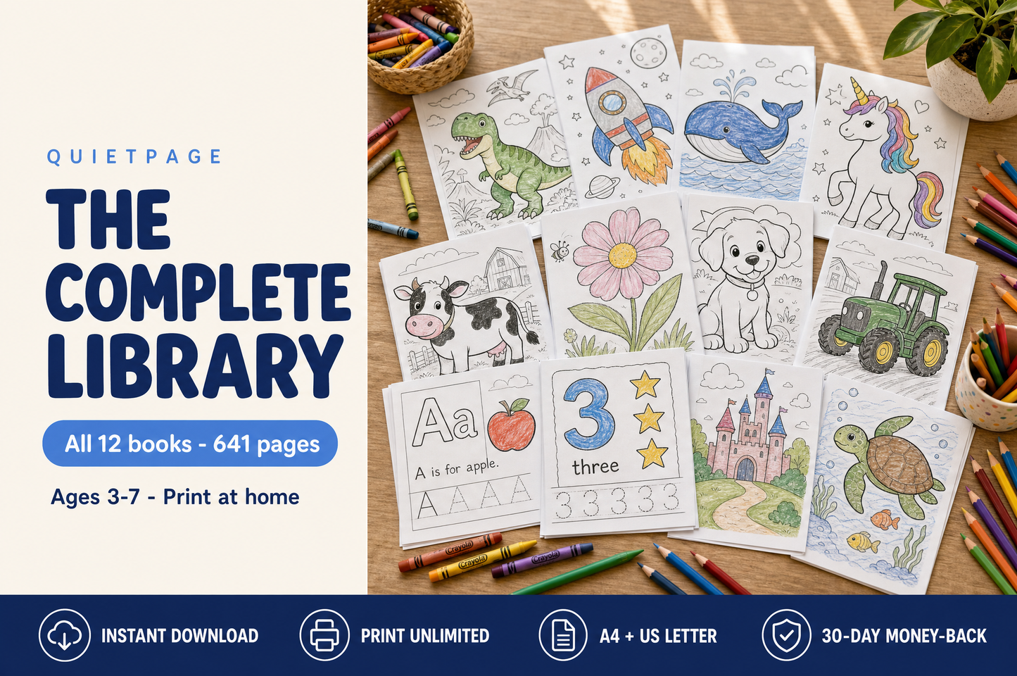 The Complete QuietPage Library — all 12 Big Books, 641 pages of screen-free printable coloring and activity pages for kids ages 3-7