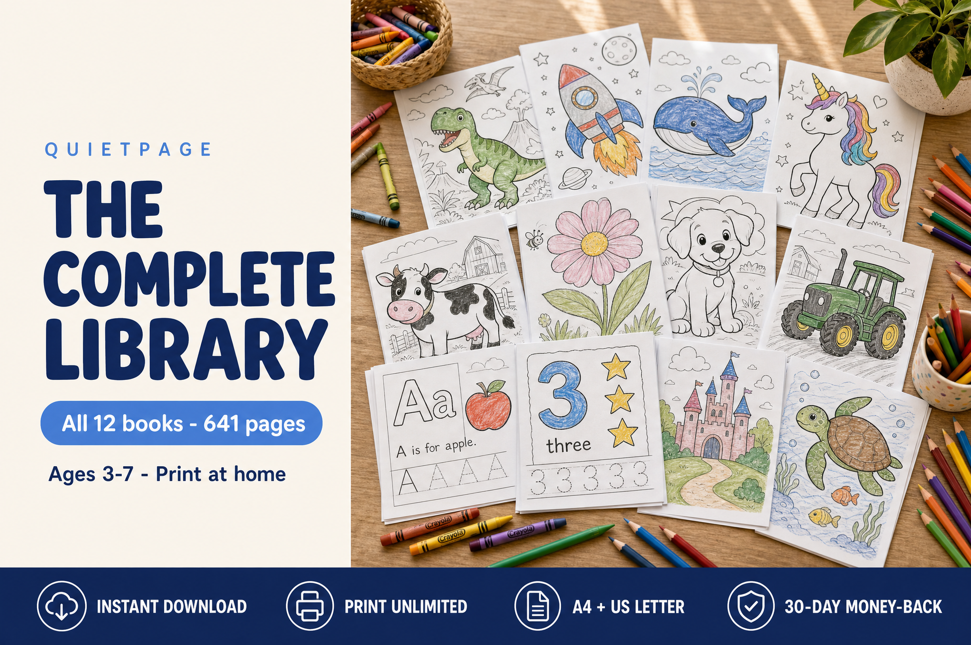 The Complete QuietPage Library — all 12 Big Books, 641 pages of screen-free printable coloring and activity pages for kids ages 3-7