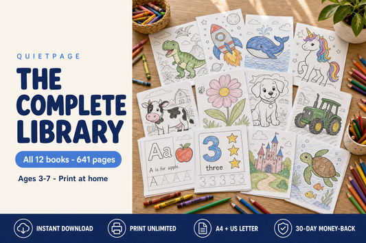 The Complete QuietPage Library — all 12 Big Books, 641 pages of screen-free printable coloring and activity pages for kids ages 3-7