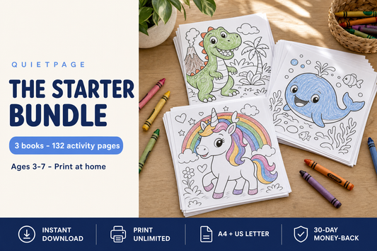 The QuietPage Starter Bundle — 3 Big Books, 132 screen-free printable coloring and activity pages for kids ages 3-7