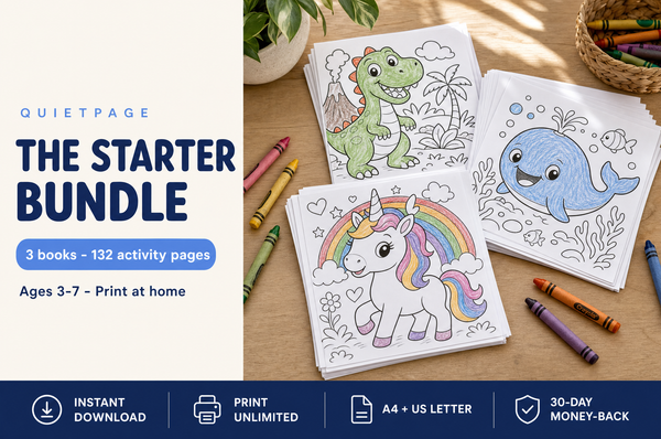 The QuietPage Starter Bundle — 3 Big Books, 132 screen-free printable coloring and activity pages for kids ages 3-7