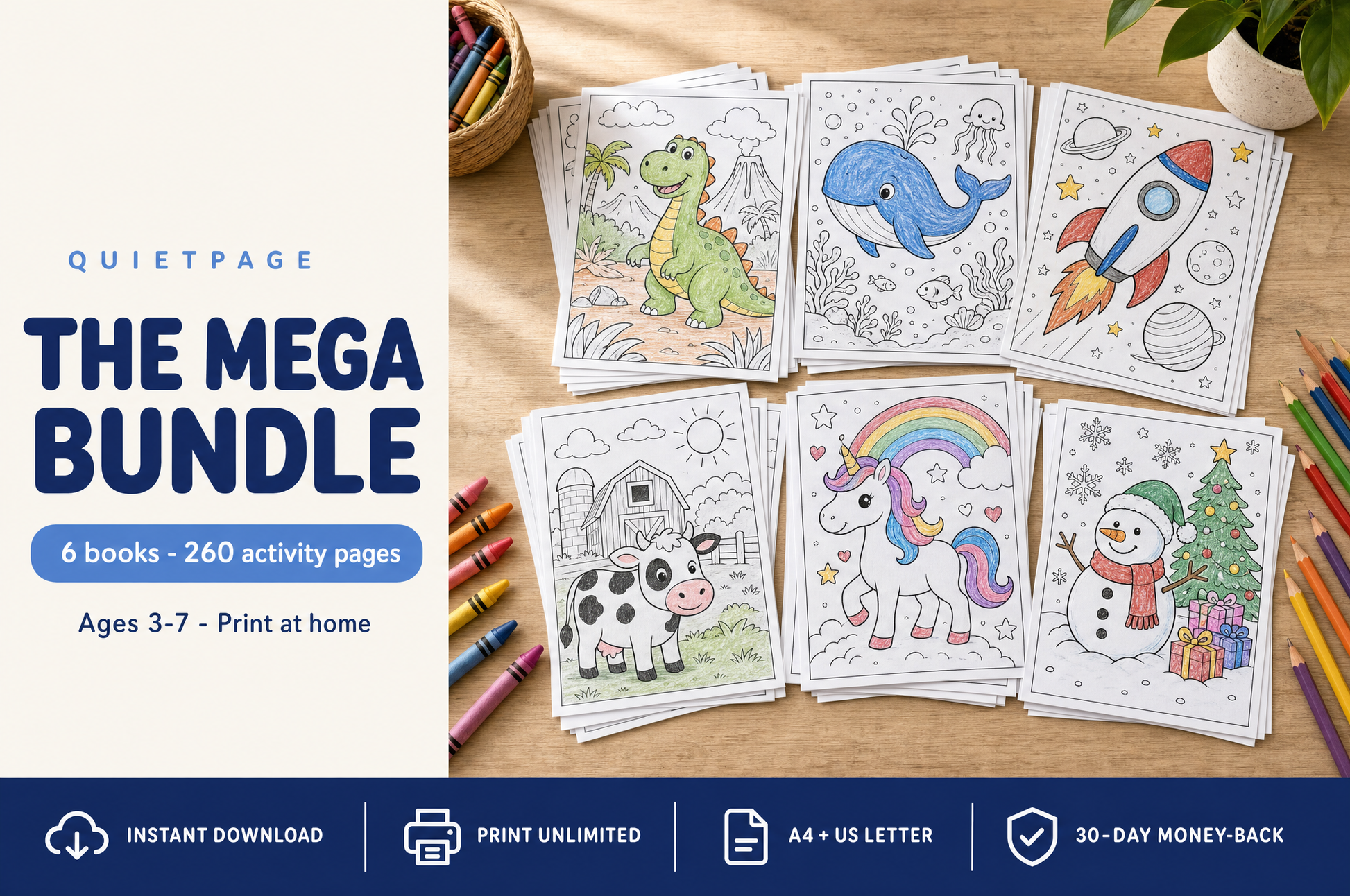 The QuietPage Mega Bundle — 6 Big Books, 260 screen-free printable coloring and activity pages for kids ages 3-7