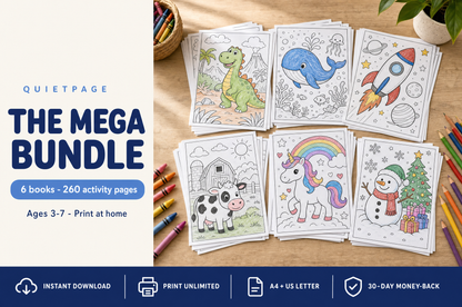 The QuietPage Mega Bundle — 6 Big Books, 260 screen-free printable coloring and activity pages for kids ages 3-7