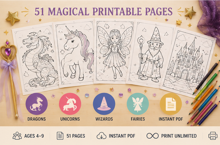 Quiet Page Fantasy & Mythical Activity Bundle — 51 Screen-Free Printable Pages