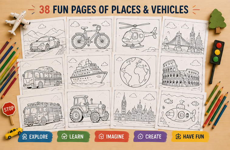 Quiet Page Places & Vehicles Activity Bundle — 38 Screen-Free Printable Pages