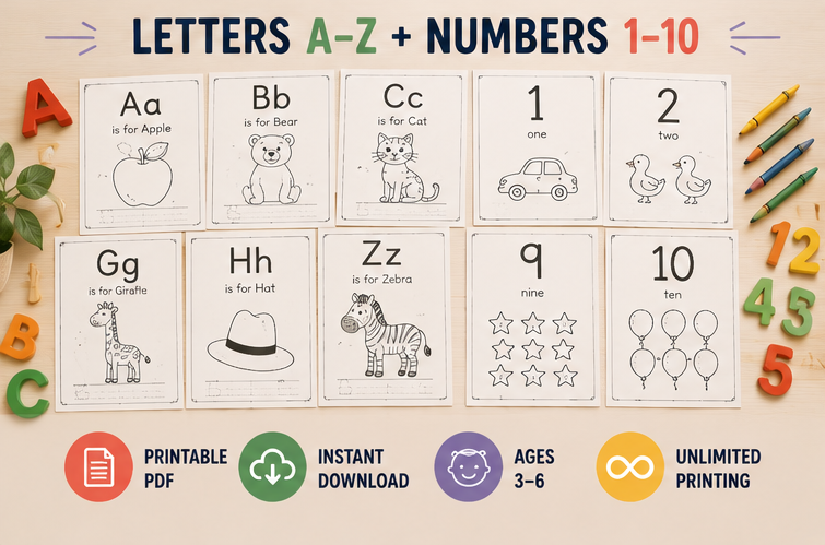 Quiet Page Alphabet & Numbers Activity Bundle — 53 Screen-Free Printable Pages